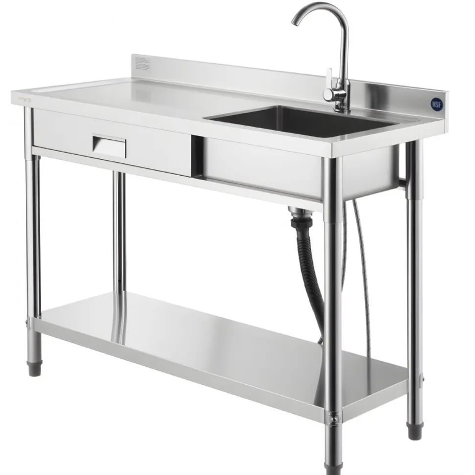 VEVOR Stainless Steel Utility Sink, Free Standing Single Bowl Commercial Kitchen Sink with Faucet and Hot & Cold Water Pipe, Dual Storage Shelves for Garage, Restaurant, Laundry, 47.2 x 19.7 x 37 in