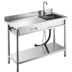 VEVOR Stainless Steel Utility Sink, Free Standing Single Bowl Commercial Kitchen Sink with Faucet and Hot & Cold Water Pipe, Dual Storage Shelves for Garage, Restaurant, Laundry, 47.2 x 19.7 x 37 in