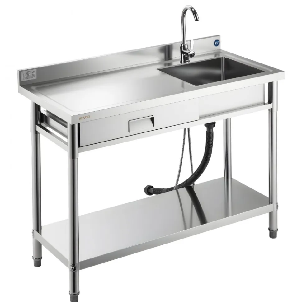 VEVOR Stainless Steel Utility Sink, Free Standing Single Bowl Commercial Kitchen Sink with Faucet and Hot & Cold Water Pipe, Dual Storage Shelves for Garage, Restaurant, Laundry, 47.2 x 19.7 x 37 in
