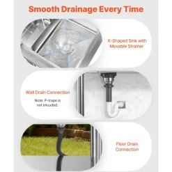 VEVOR Stainless Steel Utility Sink, Free Standing Single Bowl Commercial Kitchen Sink with Faucet and Hot & Cold Water Pipe, Dual Storage Shelves for Garage, Restaurant, Laundry, 47.2 x 19.7 x 37 in