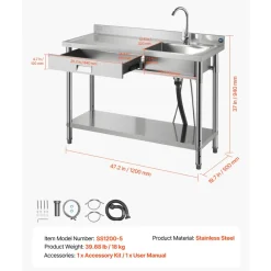 VEVOR Stainless Steel Utility Sink, Free Standing Single Bowl Commercial Kitchen Sink with Faucet and Hot & Cold Water Pipe, Dual Storage Shelves for Garage, Restaurant, Laundry, 47.2 x 19.7 x 37 in