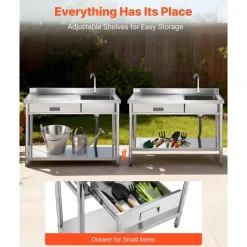 VEVOR Stainless Steel Utility Sink, Free Standing Single Bowl Commercial Kitchen Sink with Faucet and Hot & Cold Water Pipe, Dual Storage Shelves for Garage, Restaurant, Laundry, 47.2 x 19.7 x 37 in