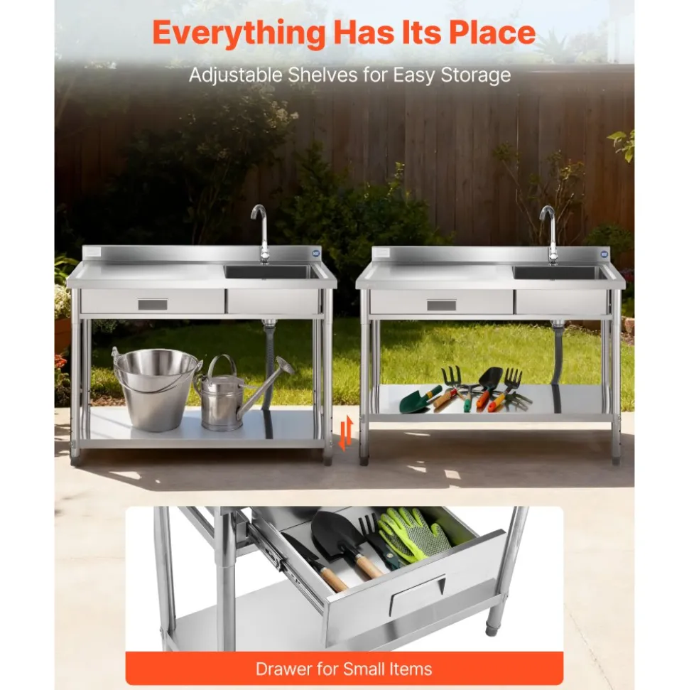VEVOR Stainless Steel Utility Sink, Free Standing Single Bowl Commercial Kitchen Sink with Faucet and Hot & Cold Water Pipe, Dual Storage Shelves for Garage, Restaurant, Laundry, 47.2 x 19.7 x 37 in
