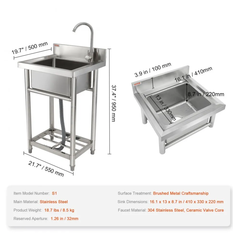 VEVOR Stainless Steel Utility Sink, 1 Compartment Free Standing Small Sink Include Faucet & legs, 16 x 13 x 8.7 in Commercial Single Bowl Sinks for Garage, Restaurant, Kitchen, Laundry