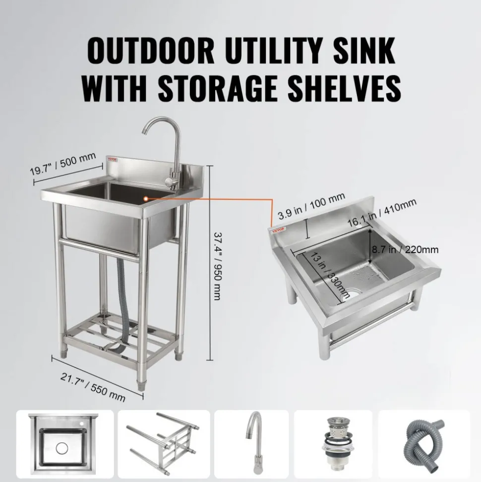 VEVOR Stainless Steel Utility Sink, 1 Compartment Free Standing Small Sink Include Faucet & legs, 16 x 13 x 8.7 in Commercial Single Bowl Sinks for Garage, Restaurant, Kitchen, Laundry