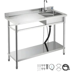 VEVOR Stainless Steel Utility Sink, Free Standing Single Bowl Commercial Kitchen Sink with Faucet, Utility Left Basin Workbench with Hot & Cold Water Pipe for Garage Restaurant Laundry, 47x19.7x37 in