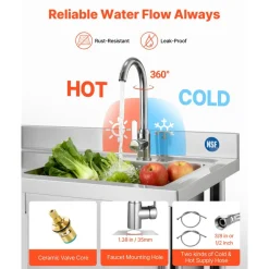 VEVOR Stainless Steel Utility Sink, Free Standing Single Bowl Commercial Kitchen Sink with Faucet, Utility Left Basin Workbench with Hot & Cold Water Pipe for Garage Restaurant Laundry, 47x19.7x37 in