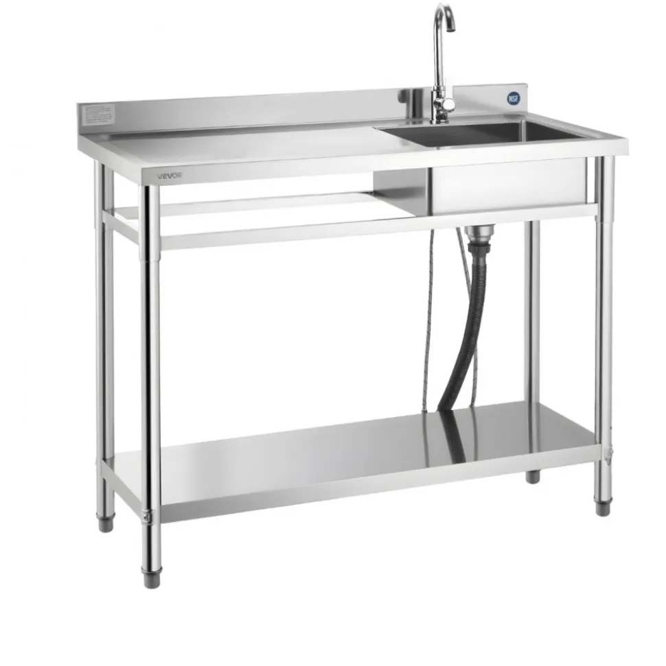 VEVOR Stainless Steel Utility Sink, Free Standing Single Bowl Commercial Kitchen Sink with Faucet, Utility Left Basin Workbench with Hot & Cold Water Pipe for Garage Restaurant Laundry, 47x19.7x37 in