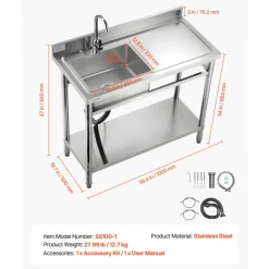 VEVOR Stainless Steel Utility Sink, Free Standing Single Bowl Commercial Kitchen Sink with Faucet, 39.4 x 19.7 x 37 in, Utility Right Basin with Hot & Cold Water Pipe for Garage, Restaurant, Laundry