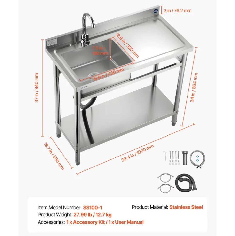 VEVOR Stainless Steel Utility Sink, Free Standing Single Bowl Commercial Kitchen Sink with Faucet, 39.4 x 19.7 x 37 in, Utility Right Basin with Hot & Cold Water Pipe for Garage, Restaurant, Laundry