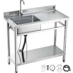 VEVOR Stainless Steel Utility Sink, Free Standing Single Bowl Commercial Kitchen Sink with Faucet, 39.4 x 19.7 x 37 in, Utility Right Basin with Hot & Cold Water Pipe for Garage, Restaurant, Laundry