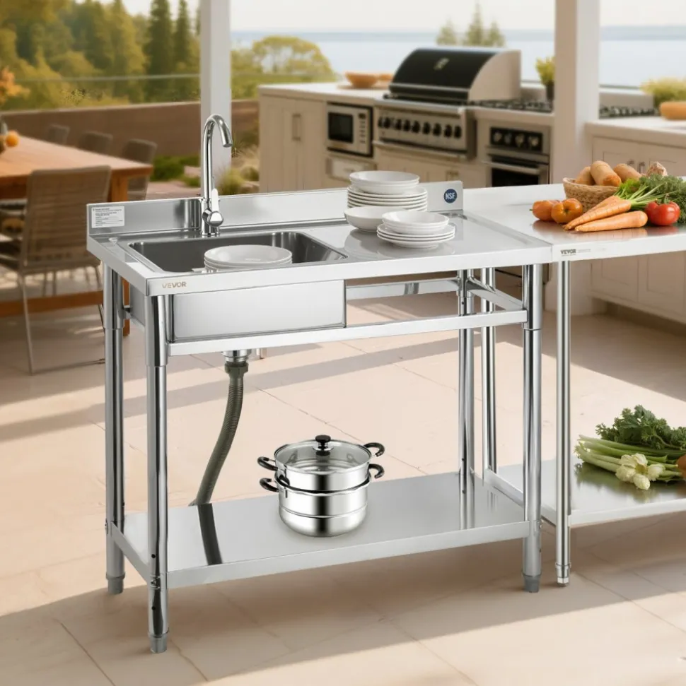 VEVOR Stainless Steel Utility Sink, Free Standing Single Bowl Commercial Kitchen Sink with Faucet, 39.4 x 19.7 x 37 in, Utility Right Basin with Hot & Cold Water Pipe for Garage, Restaurant, Laundry