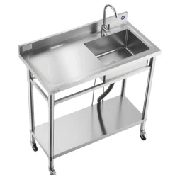 VEVOR Stainless Steel Utility Sink, Rolling Single Bowl Commercial Kitchen Sink with Wheels, Faucet and Hot & Cold Water Pipe, Utility Basin Workbench for Garage Restaurant Laundry 39.4 x 19.7 x 41.5 in