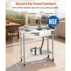 VEVOR Stainless Steel Utility Sink, Rolling Single Bowl Commercial Kitchen Sink with Wheels, Faucet and Hot & Cold Water Pipe, Utility Basin Workbench for Garage Restaurant Laundry 39.4 x 19.7 x 41.5 in
