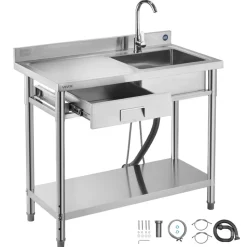 VEVOR Stainless Steel Utility Sink, Free Standing Single Bowl Commercial Kitchen Sink with Drawer, Faucet and Hot & Cold Water Pipe, Utility Basin for Garage Restaurant Laundry, 39.4 x 19.7 x 37 in
