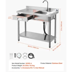 VEVOR Stainless Steel Utility Sink, Free Standing Single Bowl Commercial Kitchen Sink with Drawer, Faucet and Hot & Cold Water Pipe, Utility Basin for Garage Restaurant Laundry, 39.4 x 19.7 x 37 in