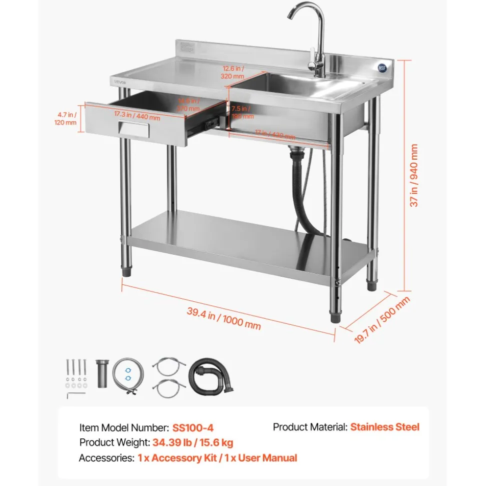 VEVOR Stainless Steel Utility Sink, Free Standing Single Bowl Commercial Kitchen Sink with Drawer, Faucet and Hot & Cold Water Pipe, Utility Basin for Garage Restaurant Laundry, 39.4 x 19.7 x 37 in