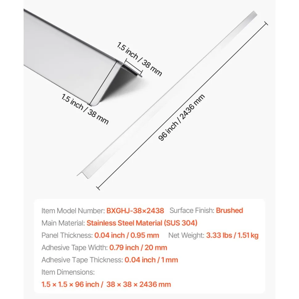 VEVOR Stainless Steel Wall Corner Protector, 1.5 x 1.5 x 96 inch, 10 Pack Metal Corner Guards, 304 Stainless Steel Edge Trim 90-Degree Angle for Home,Office,Commercial Wall Protection, with 3m Tape