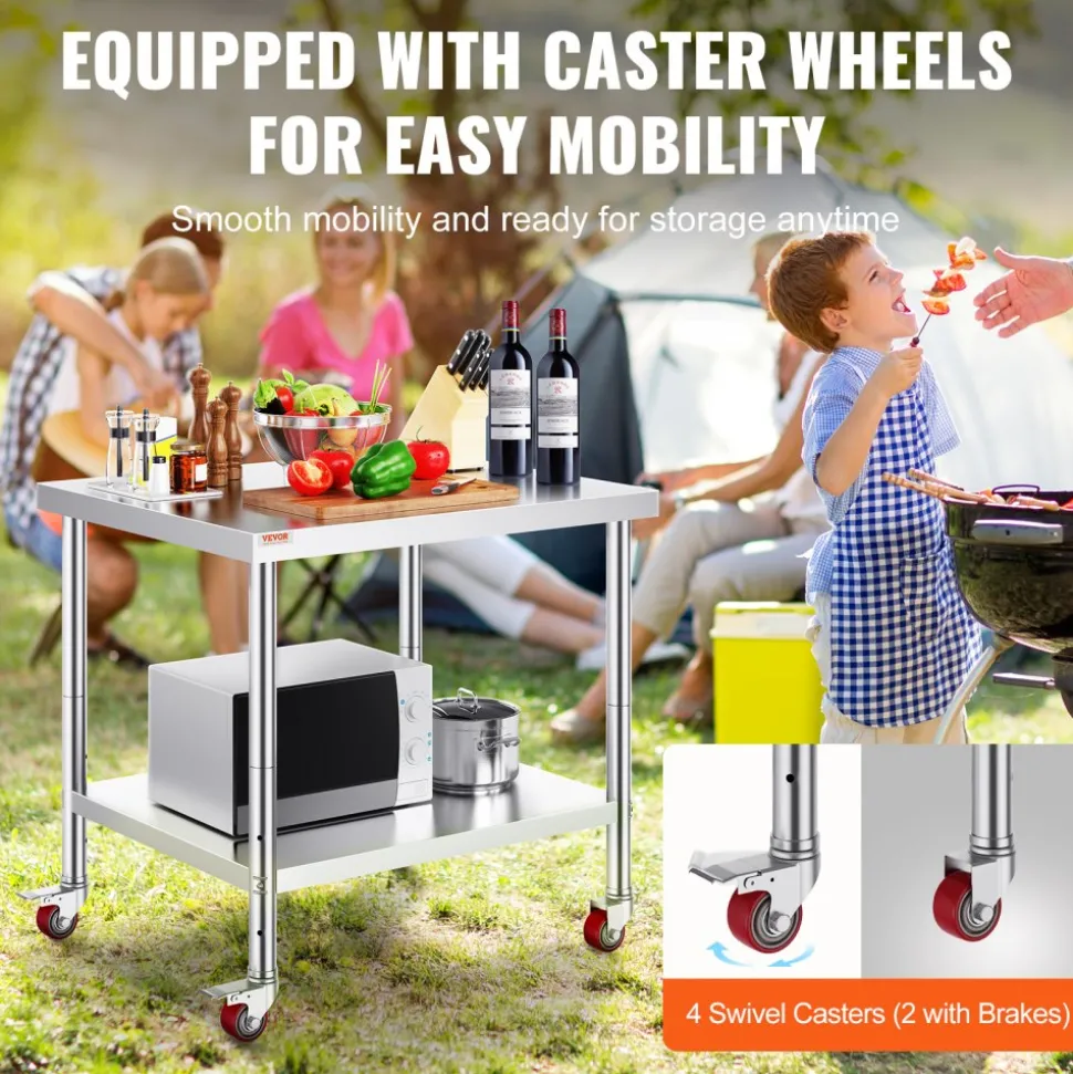 VEVOR Stainless Steel Work Table 36 x 30 x 34 Inch, 700 LBS Load Capacity with 4 Wheels, 3 Adjustable Height Levels, Heavy Duty Food Prep Worktable for Commercial Kitchen Restaurant, Silver