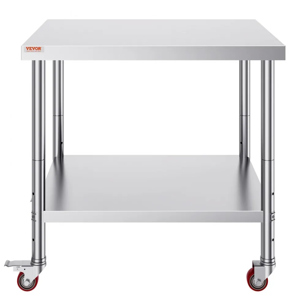 VEVOR Stainless Steel Work Table 36 x 30 x 34 Inch, 700 LBS Load Capacity with 4 Wheels, 3 Adjustable Height Levels, Heavy Duty Food Prep Worktable for Commercial Kitchen Restaurant, Silver