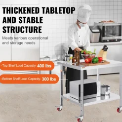 VEVOR Stainless Steel Work Table 36 x 30 x 34 Inch, 700 LBS Load Capacity with 4 Wheels, 3 Adjustable Height Levels, Heavy Duty Food Prep Worktable for Commercial Kitchen Restaurant, Silver