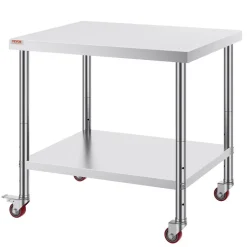 VEVOR Stainless Steel Work Table 36 x 30 x 34 Inch, 700 LBS Load Capacity with 4 Wheels, 3 Adjustable Height Levels, Heavy Duty Food Prep Worktable for Commercial Kitchen Restaurant, Silver