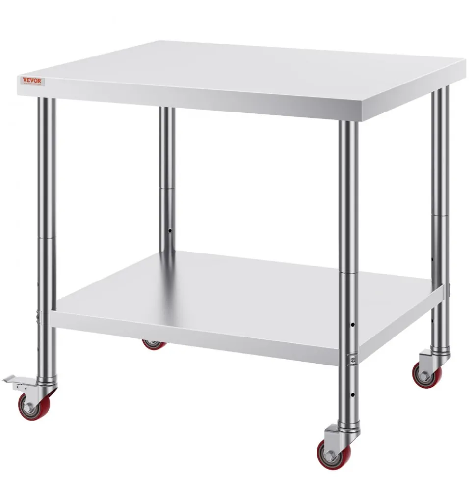 VEVOR Stainless Steel Work Table 36 x 30 x 34 Inch, 700 LBS Load Capacity with 4 Wheels, 3 Adjustable Height Levels, Heavy Duty Food Prep Worktable for Commercial Kitchen Restaurant, Silver