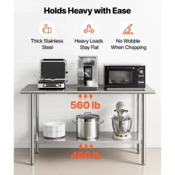 VEVOR Stainless Steel Work Table, 24x48 Inch Food Prep Table, Commercial Kitchen Workstation with Adjustable Undershelf, Metal Heavy Duty Utility Worktable, for Restaurant Home Hotel Garage Outdoor