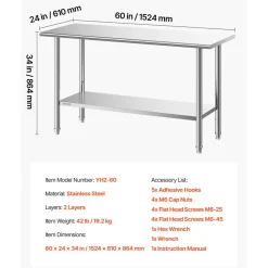 VEVOR Stainless Steel Work Table, 24x48 Inch Food Prep Table, Commercial Kitchen Workstation with Adjustable Undershelf, Metal Heavy Duty Utility Worktable, for Restaurant Home Hotel Garage Outdoor