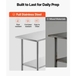 VEVOR Stainless Steel Work Table, 24x48 Inch Food Prep Table, Commercial Kitchen Workstation with Adjustable Undershelf, Metal Heavy Duty Utility Worktable, for Restaurant Home Hotel Garage Outdoor