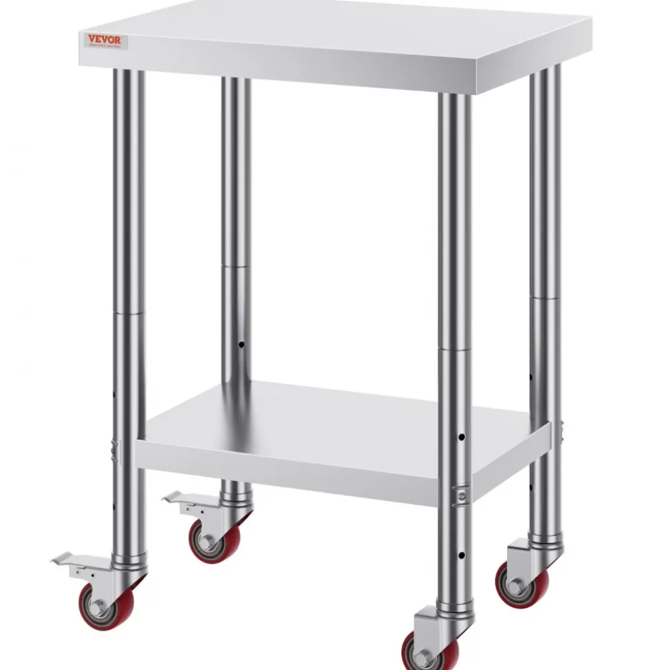 VEVOR Stainless Steel Work Table 24 x 18 x 34 Inch, 700 LBS Load Capacity with 4 Wheels, 3 Adjustable Height Levels, Heavy Duty Food Prep Worktable for Commercial Kitchen Restaurant, Silver