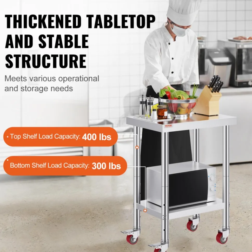 VEVOR Stainless Steel Work Table 24 x 18 x 34 Inch, 700 LBS Load Capacity with 4 Wheels, 3 Adjustable Height Levels, Heavy Duty Food Prep Worktable for Commercial Kitchen Restaurant, Silver