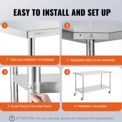 VEVOR Stainless Steel Work Table 30 x 60 x 38 Inch, with 4 Wheels, 3 Adjustable Height Levels, Heavy Duty Food Prep Worktable for Commercial Kitchen Restaurant, Silver
