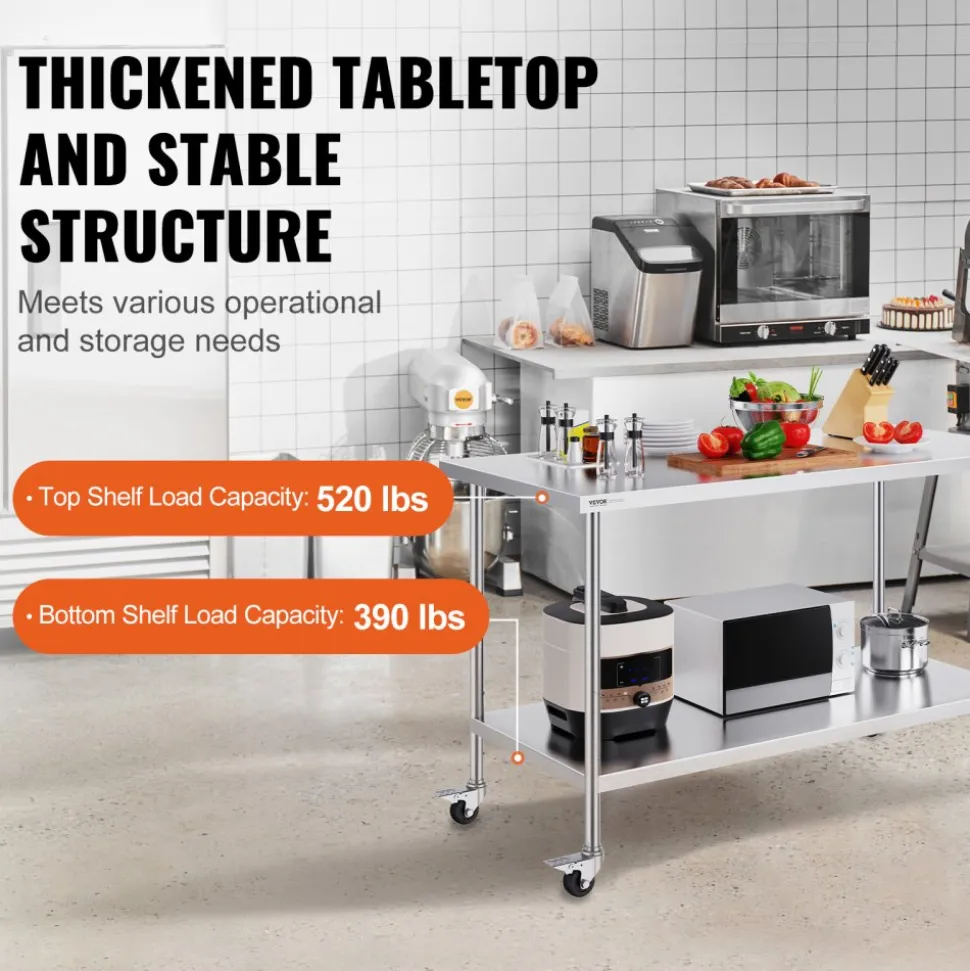 VEVOR Stainless Steel Work Table 30 x 60 x 38 Inch, with 4 Wheels, 3 Adjustable Height Levels, Heavy Duty Food Prep Worktable for Commercial Kitchen Restaurant, Silver