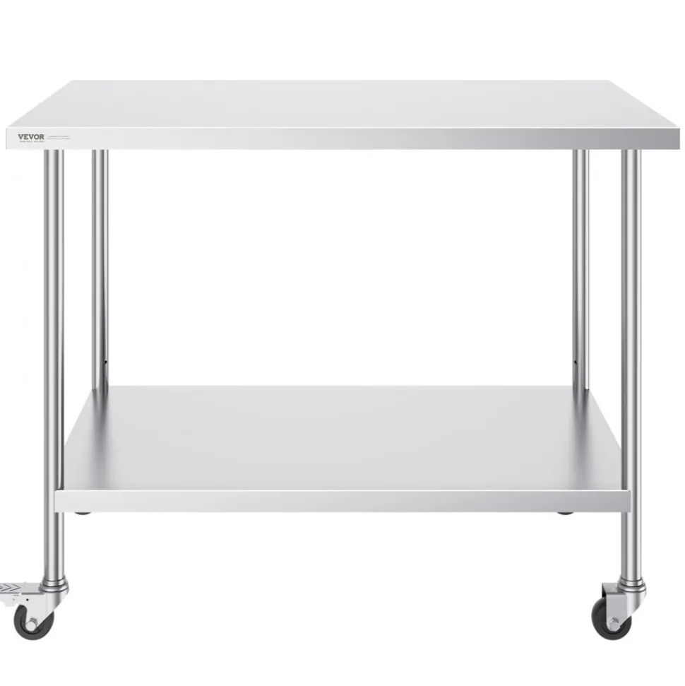 VEVOR Stainless Steel Work Table 30 x 60 x 38 Inch, with 4 Wheels, 3 Adjustable Height Levels, Heavy Duty Food Prep Worktable for Commercial Kitchen Restaurant, Silver
