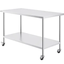 VEVOR Stainless Steel Work Table 30 x 60 x 38 Inch, with 4 Wheels, 3 Adjustable Height Levels, Heavy Duty Food Prep Worktable for Commercial Kitchen Restaurant, Silver