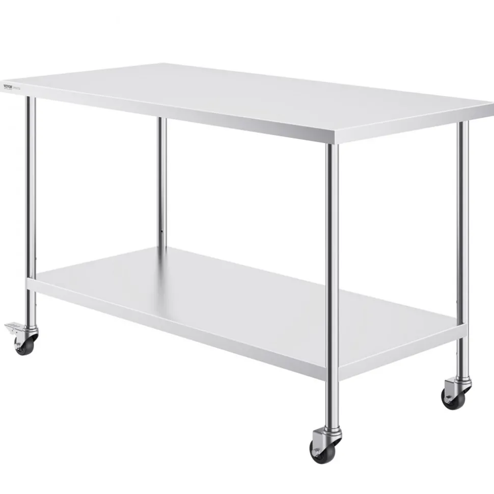 VEVOR Stainless Steel Work Table 30 x 60 x 38 Inch, with 4 Wheels, 3 Adjustable Height Levels, Heavy Duty Food Prep Worktable for Commercial Kitchen Restaurant, Silver