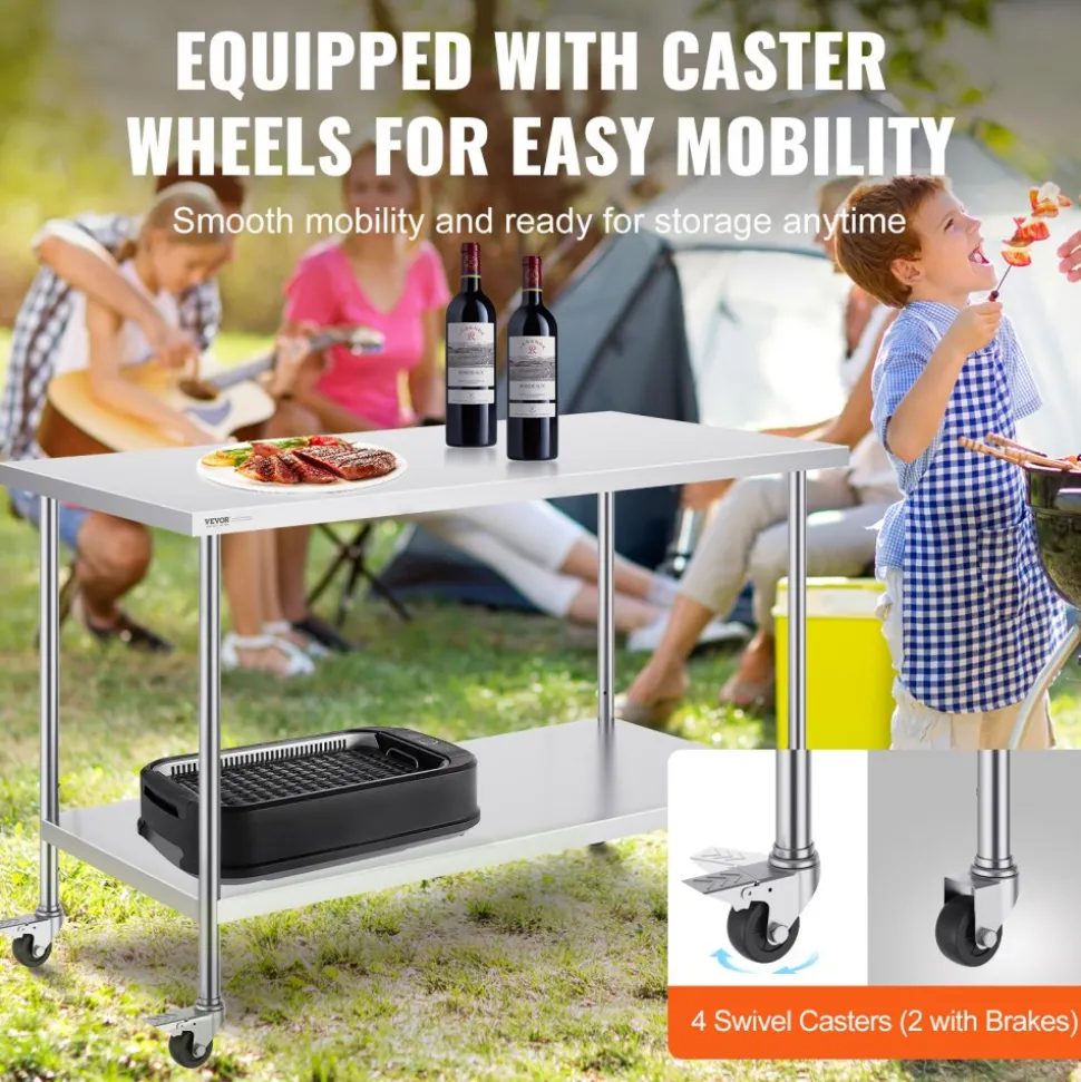 VEVOR Stainless Steel Work Table 30 x 60 x 38 Inch, with 4 Wheels, 3 Adjustable Height Levels, Heavy Duty Food Prep Worktable for Commercial Kitchen Restaurant, Silver