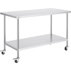 VEVOR Stainless Steel Work Table 30 x 60 x 38 Inch, with 4 Wheels, 3 Adjustable Height Levels, Heavy Duty Food Prep Worktable for Commercial Kitchen Restaurant, Silver