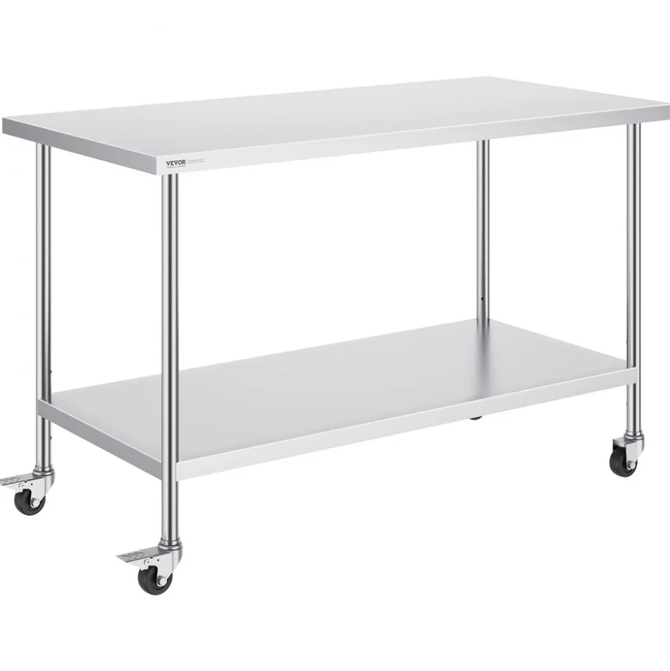 VEVOR Stainless Steel Work Table 30 x 60 x 38 Inch, with 4 Wheels, 3 Adjustable Height Levels, Heavy Duty Food Prep Worktable for Commercial Kitchen Restaurant, Silver