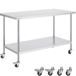 VEVOR Stainless Steel Work Table 30 x 60 x 38 Inch, with 4 Wheels, 3 Adjustable Height Levels, Heavy Duty Food Prep Worktable for Commercial Kitchen Restaurant, Silver