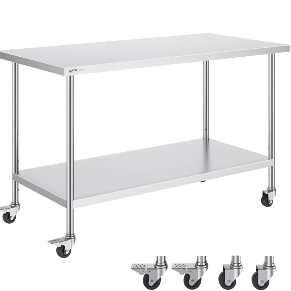 VEVOR Stainless Steel Work Table 30 x 60 x 38 Inch, with 4 Wheels, 3 Adjustable Height Levels, Heavy Duty Food Prep Worktable for Commercial Kitchen Restaurant, Silver