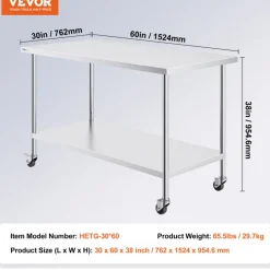 VEVOR Stainless Steel Work Table 30 x 60 x 38 Inch, with 4 Wheels, 3 Adjustable Height Levels, Heavy Duty Food Prep Worktable for Commercial Kitchen Restaurant, Silver