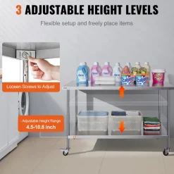 VEVOR Stainless Steel Work Table 30 x 60 x 38 Inch, with 4 Wheels, 3 Adjustable Height Levels, Heavy Duty Food Prep Worktable for Commercial Kitchen Restaurant, Silver