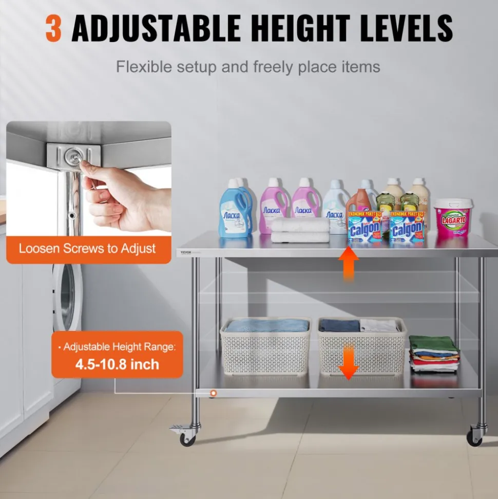 VEVOR Stainless Steel Work Table 30 x 60 x 38 Inch, with 4 Wheels, 3 Adjustable Height Levels, Heavy Duty Food Prep Worktable for Commercial Kitchen Restaurant, Silver
