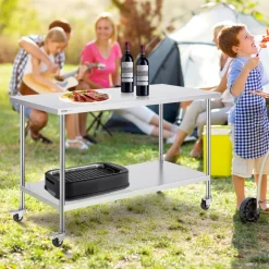 VEVOR Stainless Steel Work Table 30 x 60 x 38 Inch, with 4 Wheels, 3 Adjustable Height Levels, Heavy Duty Food Prep Worktable for Commercial Kitchen Restaurant, Silver