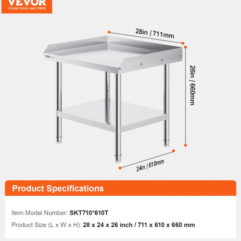 VEVOR Stainless Steel Work Table, 24 x 28 x 26 Inch Commercial Food Prep Worktable, 3-Sided Backsplash Heavy Duty Prep Worktable, Metal Work Table with Adjustable Height for Restaurant Home Hotel