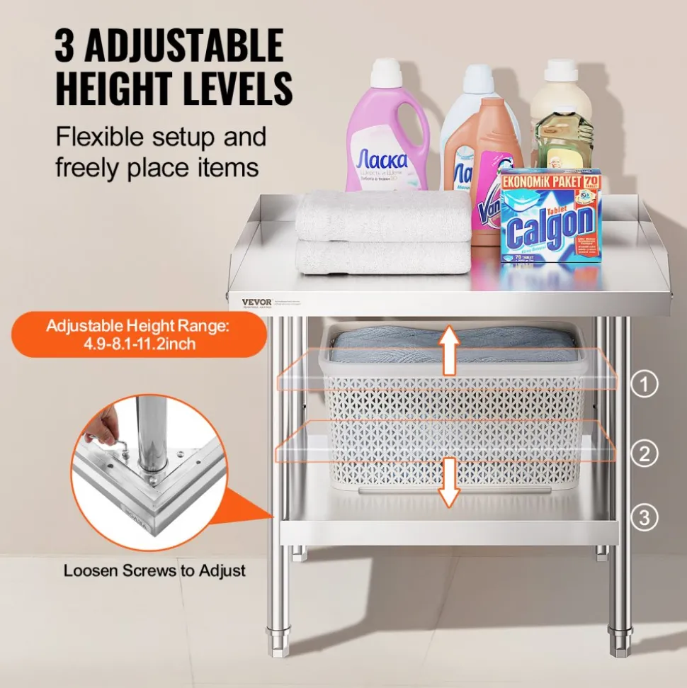 VEVOR Stainless Steel Work Table, 24 x 28 x 26 Inch Commercial Food Prep Worktable, 3-Sided Backsplash Heavy Duty Prep Worktable, Metal Work Table with Adjustable Height for Restaurant Home Hotel