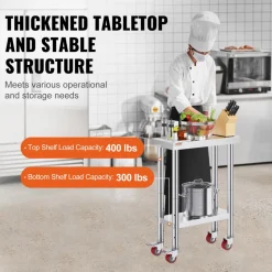 VEVOR Stainless Steel Work Table 12 x 24 x 34 Inch, 700 LBS Load Capacity with 4 Wheels, 3 Adjustable Height Levels, Heavy Duty Food Prep Worktable for Commercial Kitchen Restaurant, Silver