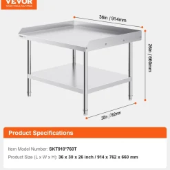 VEVOR Stainless Steel Work Table, 30 x 36 x 26 Inch Commercial Food Prep Worktable, 3-Sided Backsplash Heavy Duty Prep Worktable, Metal Work Table with Adjustable Height for Restaurant Home Hotel